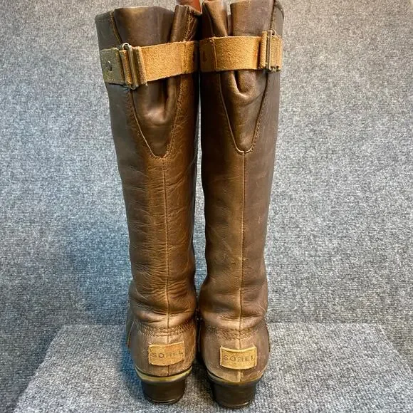 Sorel Women 7.5 Nutmeg Brown Leather Slimpack Belted Riding Tall Boot Equestrian - Picture 8 of 11